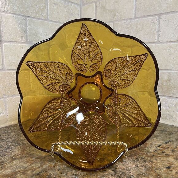 Anchor Hocking Dish Bowl Amber Glass Renaissance Flower Pattern Beaded 6.5" X 3" - Picture 1 of 10